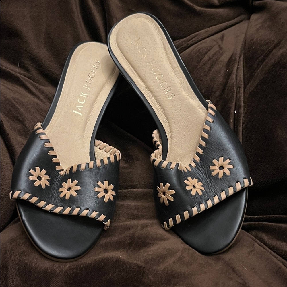 Jack Rogers Black and Tan Floral Sandals